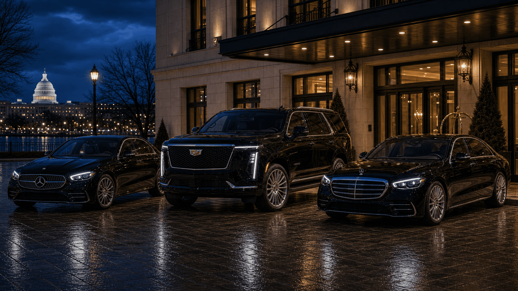 Mercedes E-Class, Cadillac Escalade, and Mercedes S-Class chauffeur fleet