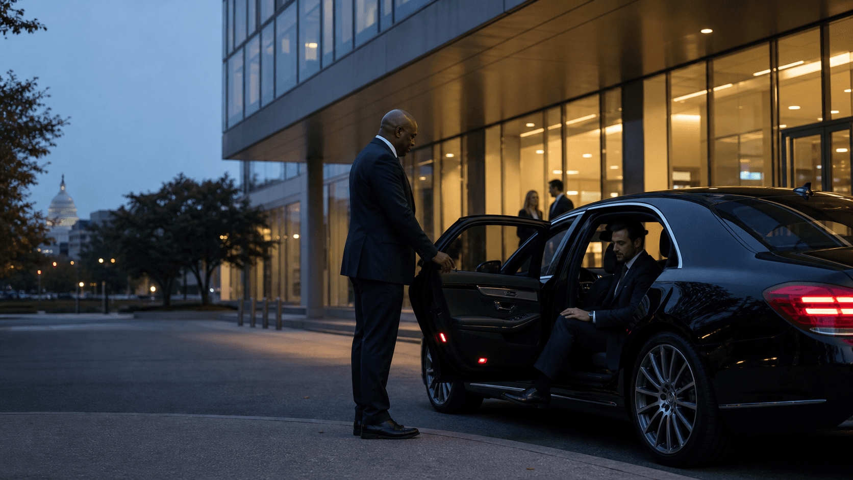 Business traveler working in a branded luxury sedan